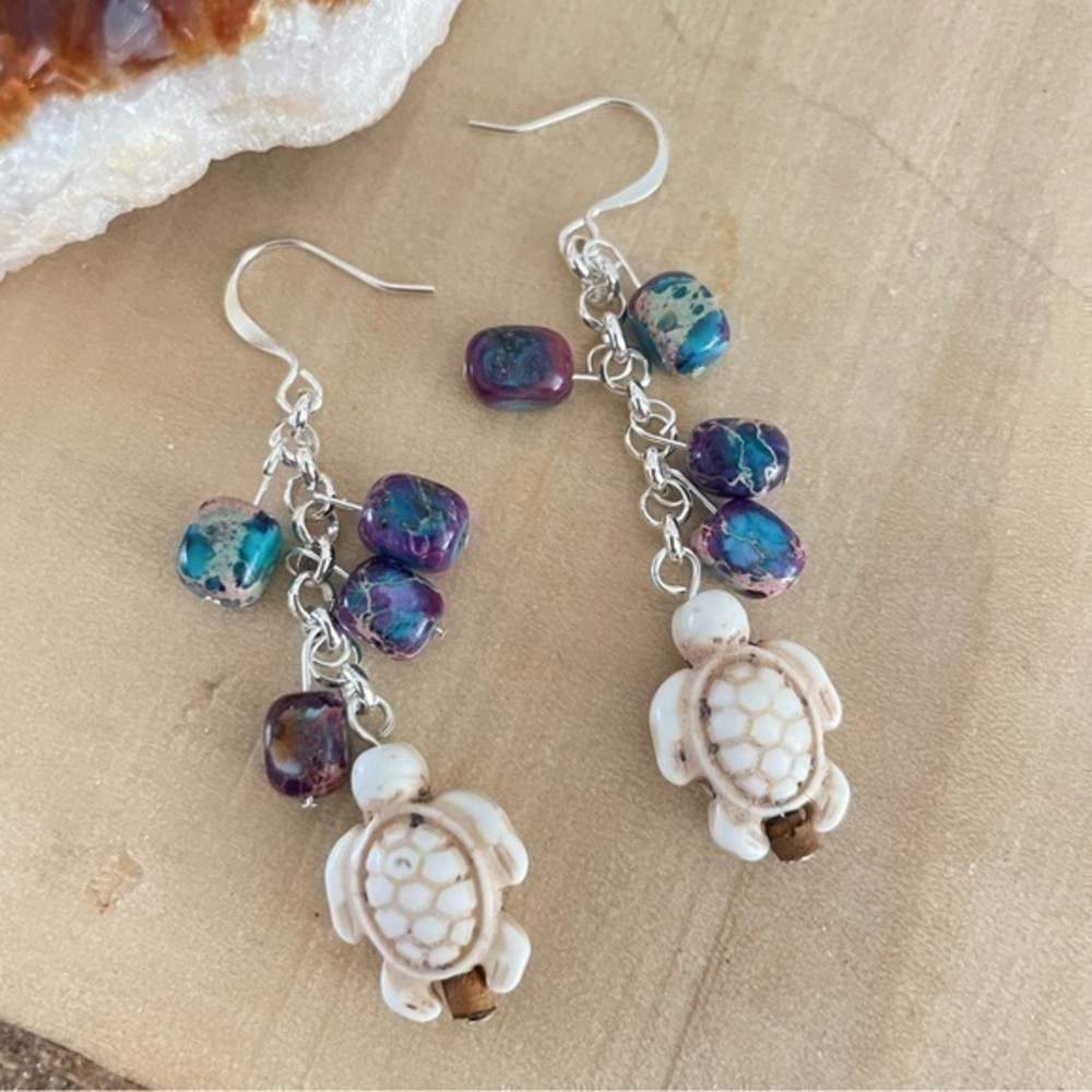 2/$29 Handmade Jasper Cube & Cream Magnesite Turtle Dangle Earrings Colorful